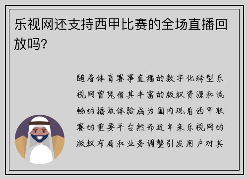 乐视网还支持西甲比赛的全场直播回放吗？