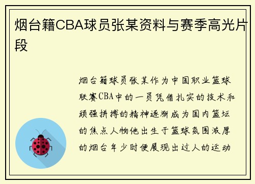 烟台籍CBA球员张某资料与赛季高光片段